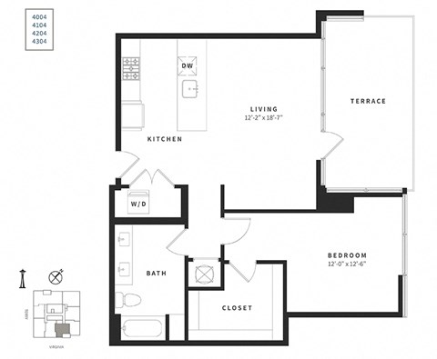 Floor plan for 1 bed, 1 bath, 880 sqft